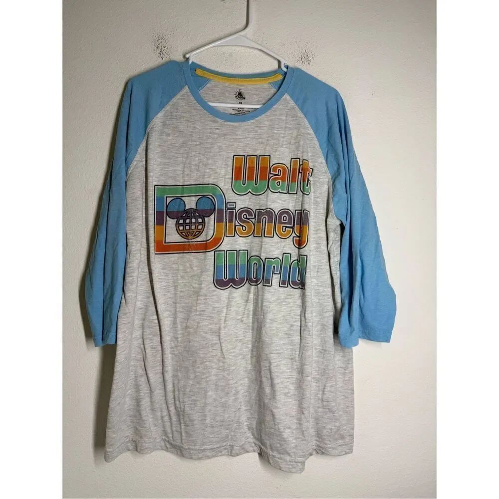 Walt Disney World Retro Colorful Logo Baseball Tee Shirt Mens Size XL See Notes